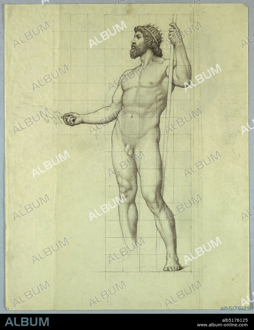 The Atlantic, Nude Study for 'The Marriage of the Atlantic and Pacific,' Mural in the Senate Chamber in the Wisconsin State Capitol, Madison, WI, Kenyon Cox, American, 18561919, Graphite on cream laid paper, Nude male figure with beard standing, facing to the left. He wears a crown, and holds a staff in his left hand. His right hand is extended to meet a woman's hand at far left, placing a ring on her finger. Drawing squared for transfer., USA, 1915, mural designs, Drawing, Drawing.