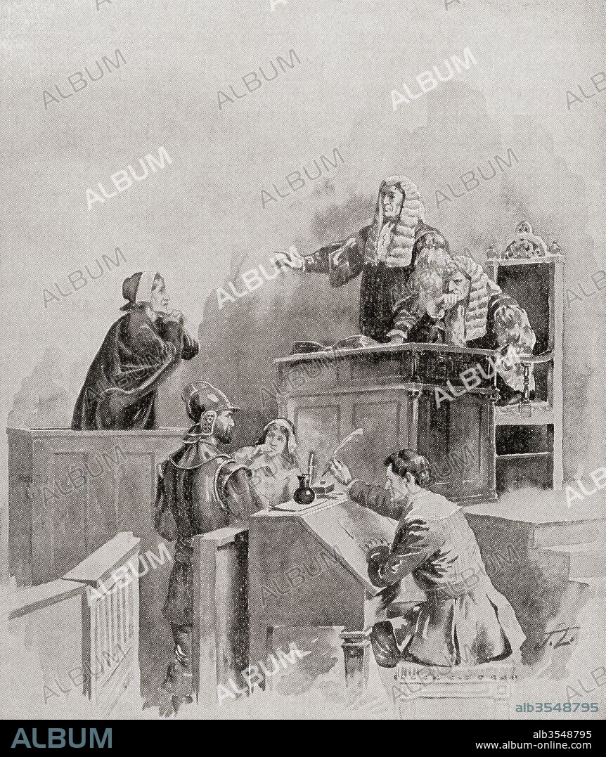 A scene in the courtroom during The Salem witch trials of 1692. From The History of Our Country, published 1899.