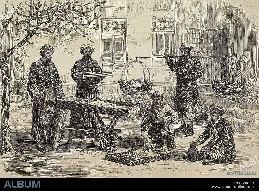 Street hawkers, Yarkand, China, engraving from The Illustrated London News, No 1858, March 20, 1875.