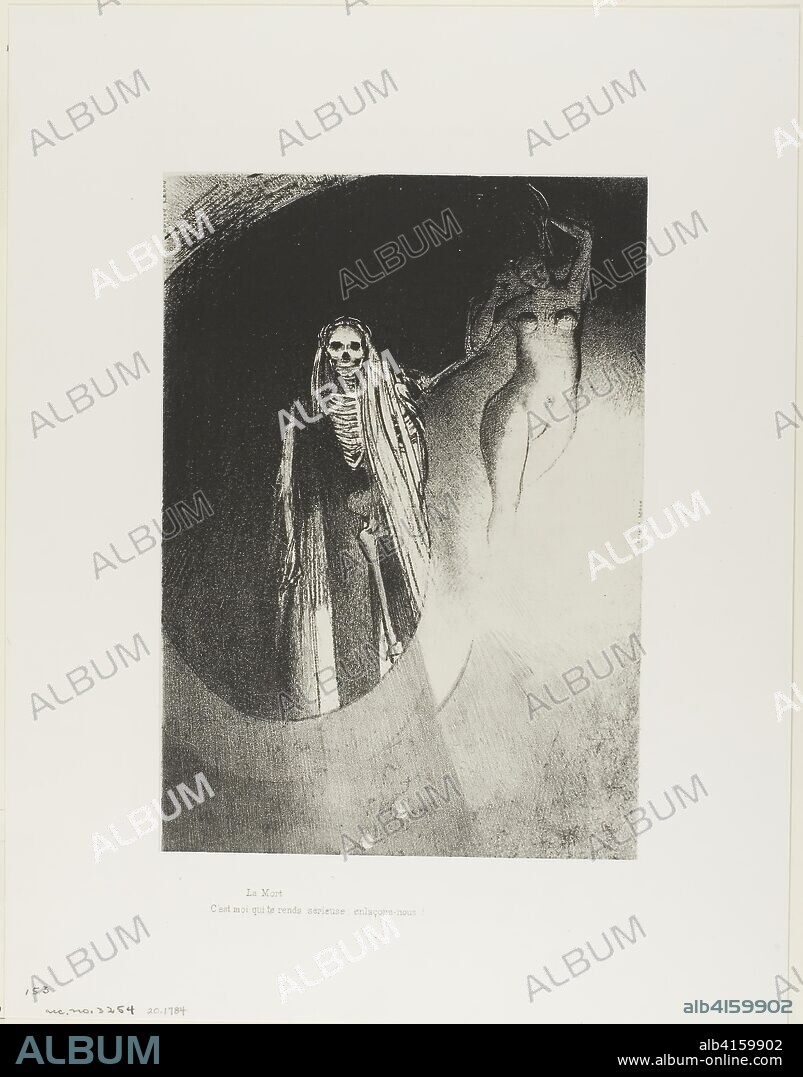 Death: "It is I who make you serious; let us embrace each other", plate 20 of 24. Odilon Redon; French, 1840-1916. Date: 1896. Dimensions: 234 × 214 mm (image/chine); 452 × 350 mm (sheet). Lithograph in black on cream China paper laid down on ivory wove paper. Origin: France.