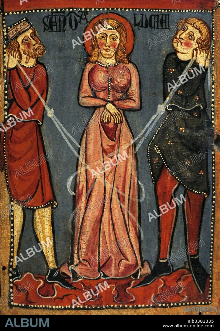 Tablillas con escenas del Martirio de Santa Lucía, hacia 1300. Detalle con la representación de la inmovilidad de Santa Lucía. Anónimo, Cataluña. Gótico. Procede de la Iglesia parroquial de Santa Llúcia de Mur (Guàrdia de Noguera, provincia de Lleida). Museo Nacional de Arte de Cataluña. Barcelona. Cataluña. España.