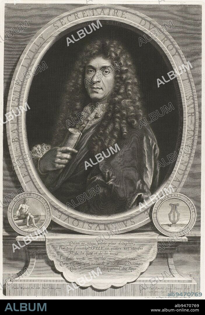 Portrait of Jean-Baptiste Lully, Jean Louis Roullet, after Paul Mignard, 1655 - 1699, print maker: Jean Louis Roullet, (mentioned on object), after: Paul Mignard, (mentioned on object), Lodewijk XIV (koning van Frankrijk), (mentioned on object), France, 1655 - 1699, paper, engraving, etching, h 515 mm × w 352 mm, FTZYC Doctype.