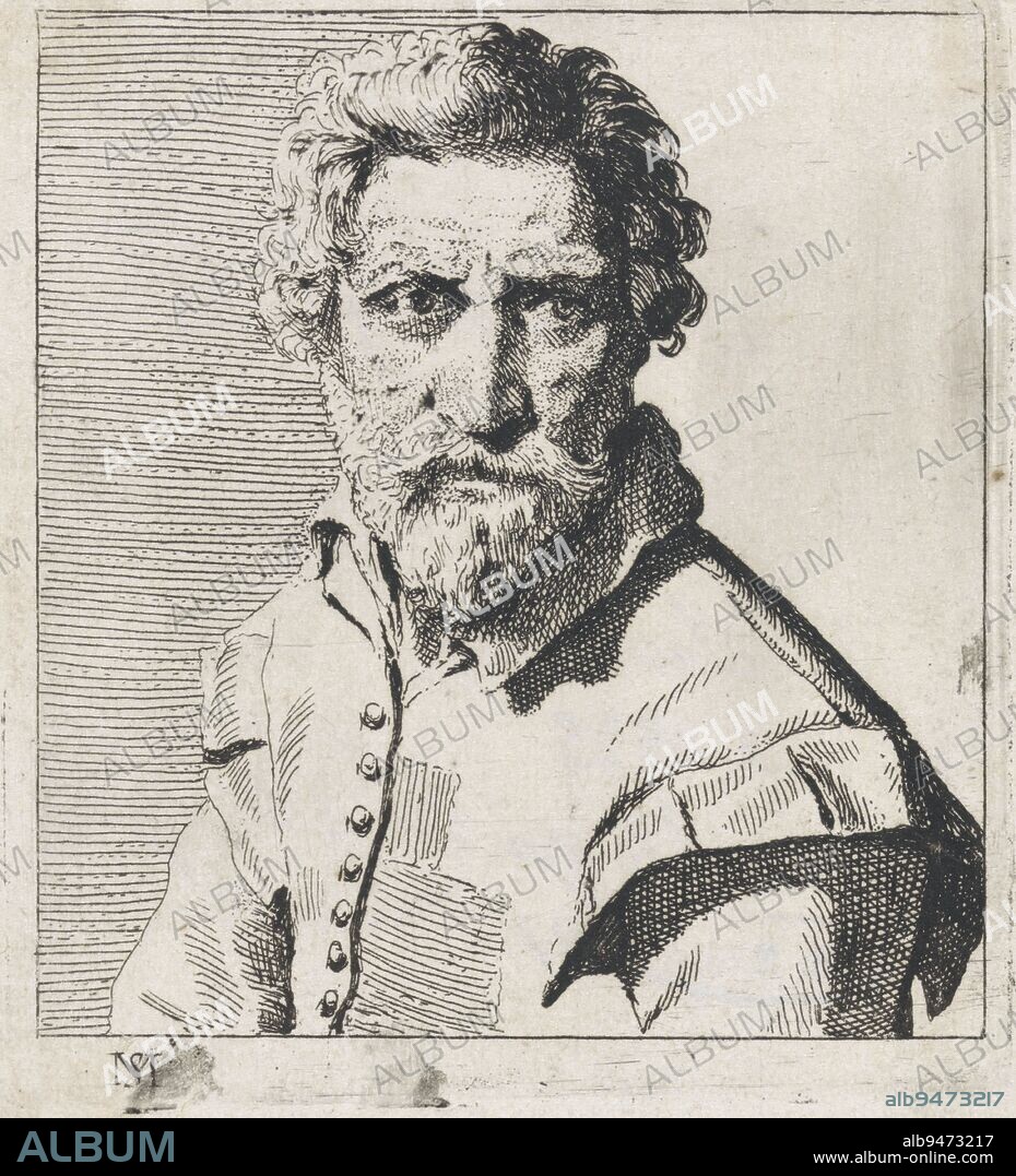 Portrait of a man with moustache and pointed beard. He is wearing clothes adjusted with rags. Part of a series of 12 prints with studies of faces, Bust of a bearded man Diversae facies in vsvm iuvenvm et aliorvm (series title), print maker: Michael Sweerts, (mentioned on object), Brussels, 1656, paper, etching, h 88 mm × w 80 mm.