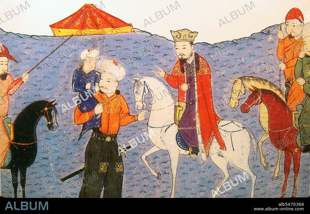 Mahmud Ghazan (1271-1304) was the seventh ruler of the Mongol Empire's Ilkhanate division in modern-day Iran from 1295 to 1304. He was the son of Arghun and Quthluq Khatun, continuing a line of rulers who were direct descendants of Genghis Khan. Considered the most prominent of the Ilkhans, he is best known for making a political conversion to Islam in 1295 when he took the throne, marking a turning point for the dominant religion of Mongols in Central Asia. His principal wife was Kokochin (Kokechin), a Mongol princess sent by Kublai Khan, and escorted from the Mongol capital to the Ilkhanate by Marco Polo.