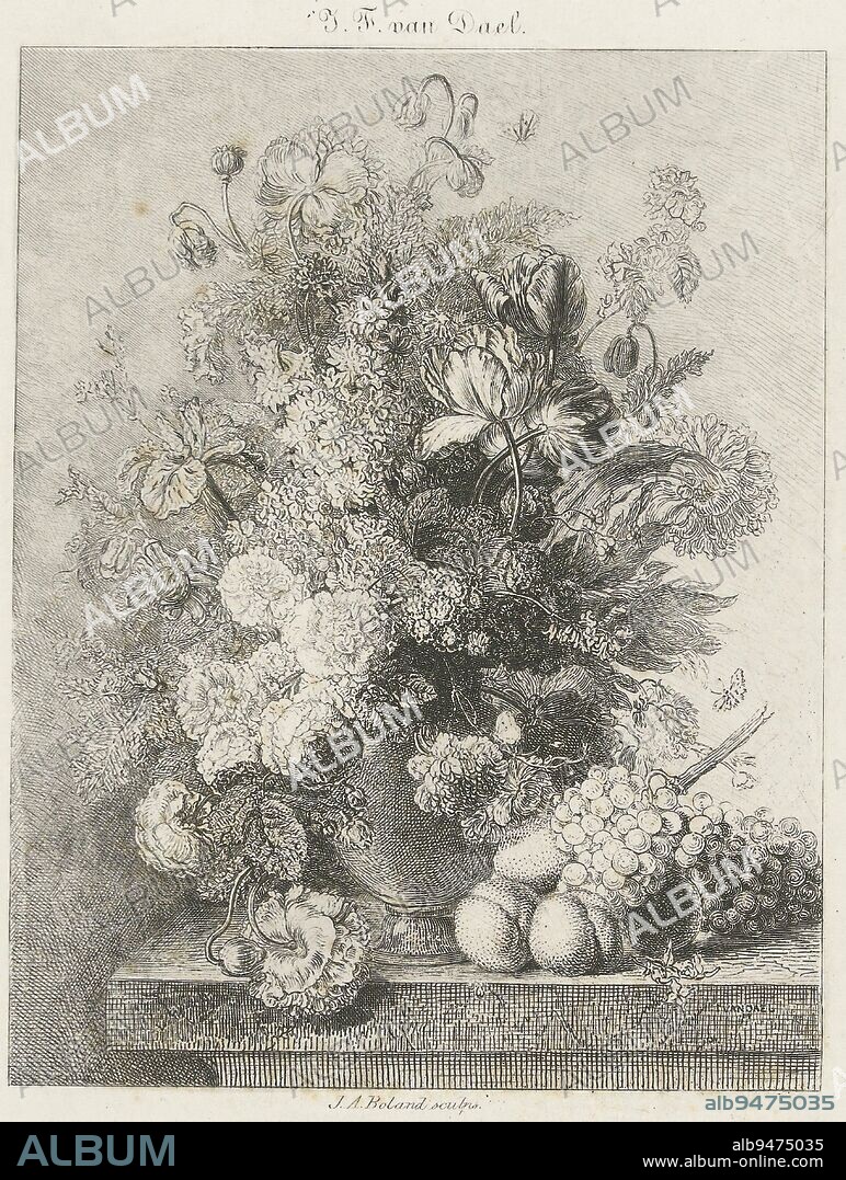 Still life of flowers and fruit, print maker: Johannes Arnoldus Boland, (mentioned on object), after: Jan Frans van Dael, (mentioned on object), Amsterdam, c. 1860 - c. 1900, paper, etching, h 178 mm - w 130 mm.