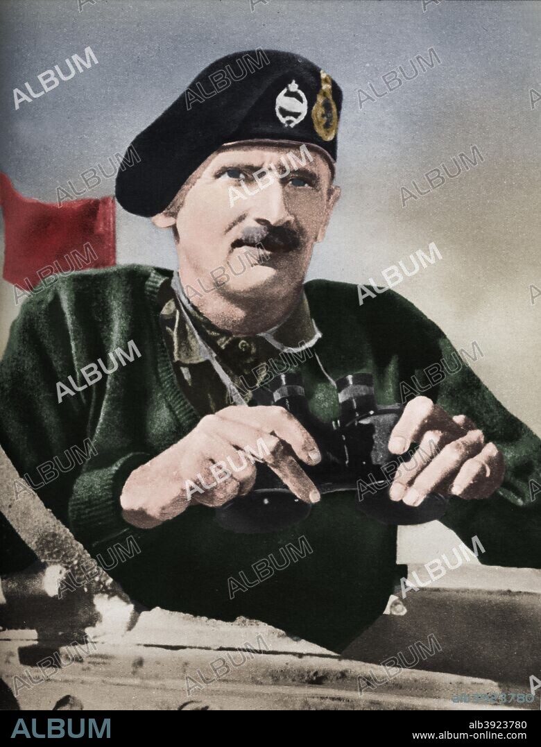 'The 8th Army commander Bernard Law Montgomery', 1942. Field Marshal Bernard Law Montgomery, 1st Viscount Montgomery of Alamein (1887-1976), nicknamed Monty and the Spartan General, British Army officer. From The War Illustrated Volume 6 edited by Sir John Hammerton. [The Amalgamated Press Ltd, London, 1942]. (Colorised black and white print).