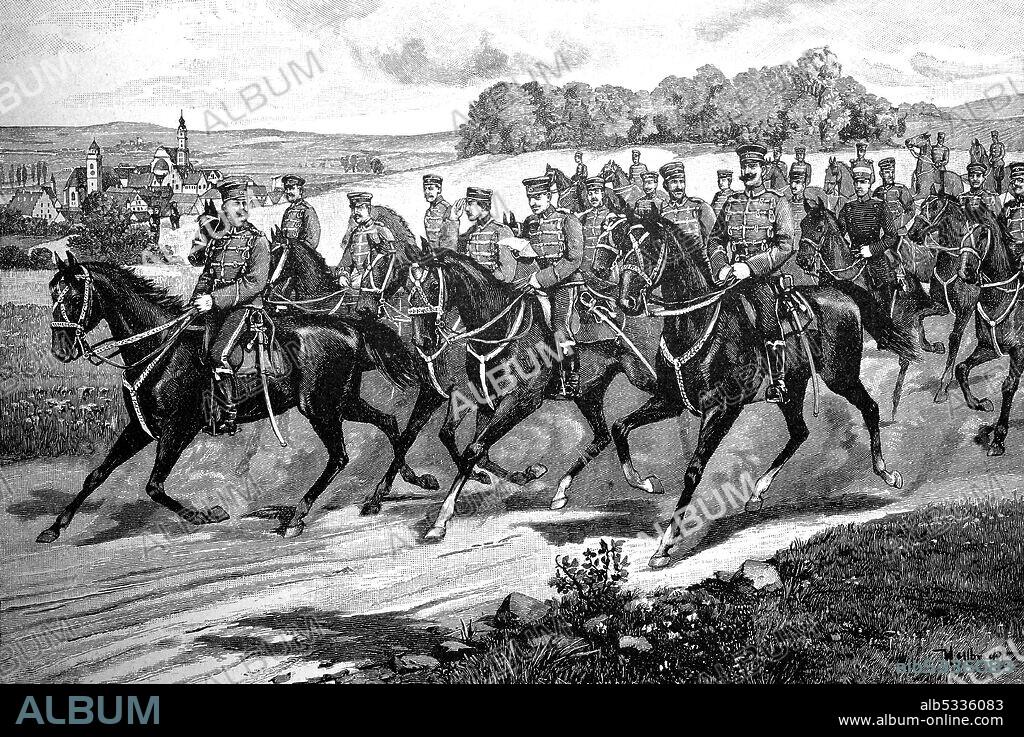 The Zieten Hussars, Hussars, Hussar Regiment von Zieten, called Zieten Hussars, was a hussar regiment of the Prussian Army, on the ride to the Danube, 1866, Germany  /  Die Zietenhusaren, Husaren, Husaren-Regiment von Zieten, genannt Zieten-Husaren, war ein Husarenregiment der Preußischen Armee, auf dem Ritt zur Donau, 1866, Deutschland, Historisch, historical, digital improved reproduction of an original from the 19th century / digitale Reproduktion einer Originalvorlage aus dem 19. Jahrhundert,.