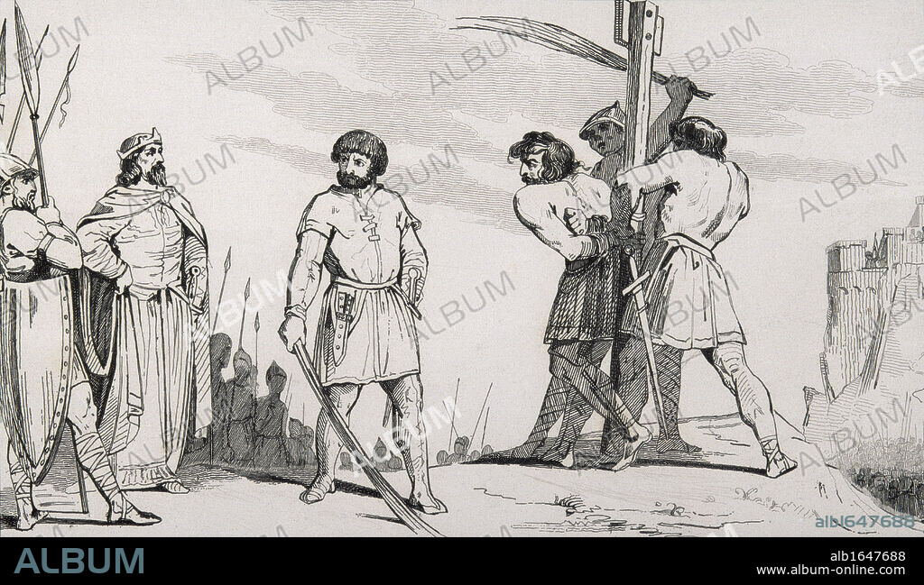 Lord Bodillon is Whipped after complaining about tax increase ordered by Childeric II 653 to 675 from Histoire de France by Colart published circa 1840.