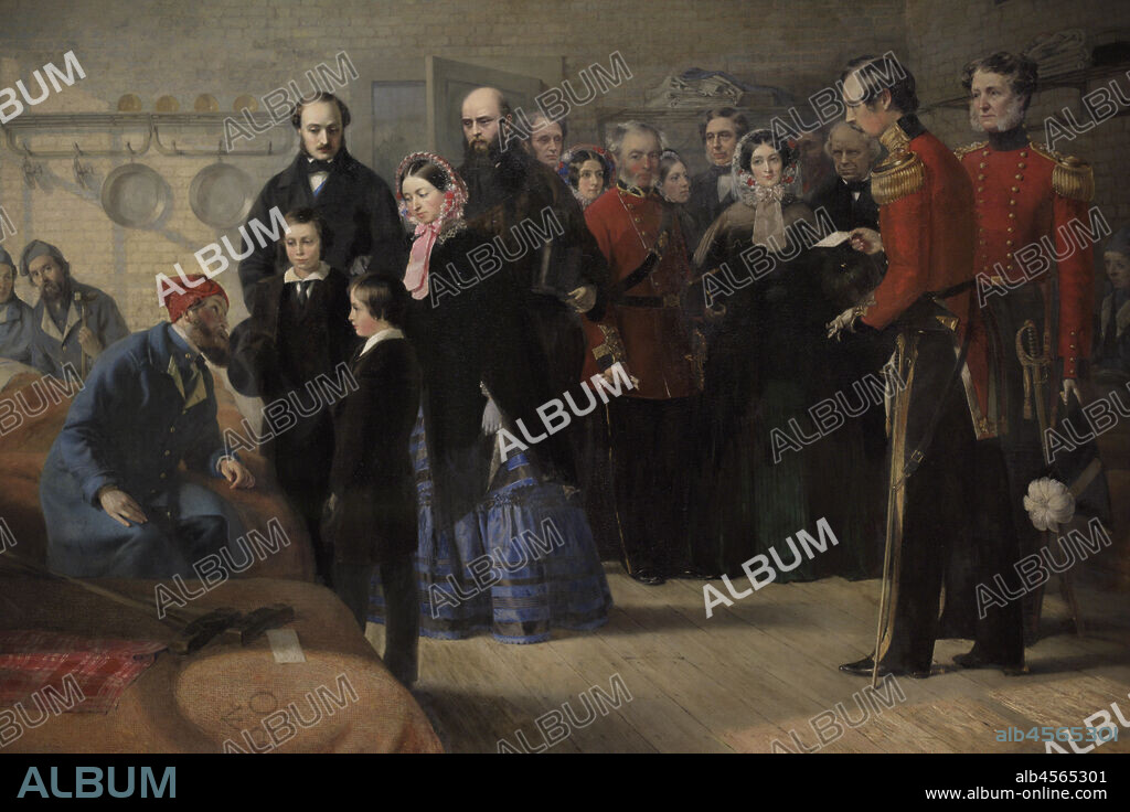 JERRY BARRETT (1824-1906). ENGLISH PAINTER.. Victoria del Reino Unido (1819-1901). Monarca británica (1837-1901). "Primera visita de la reina Victoria a sus soldados heridos". La reina visitando a los heridos de guerra de Crimea, en el Hospital Brompton, Chatham, el 3 de marzo de 1855 junto a su marido el Principe Alberto y sus dos hijos, el príncipe de Gales y el príncipe Alfredo. Pintura por Jerry Barrett (1824-1906). Oleo sobre lienzo (148 x 219,3 cm), 1856. Detalle. National Portrait Gallery. Londres. Inglaterra.