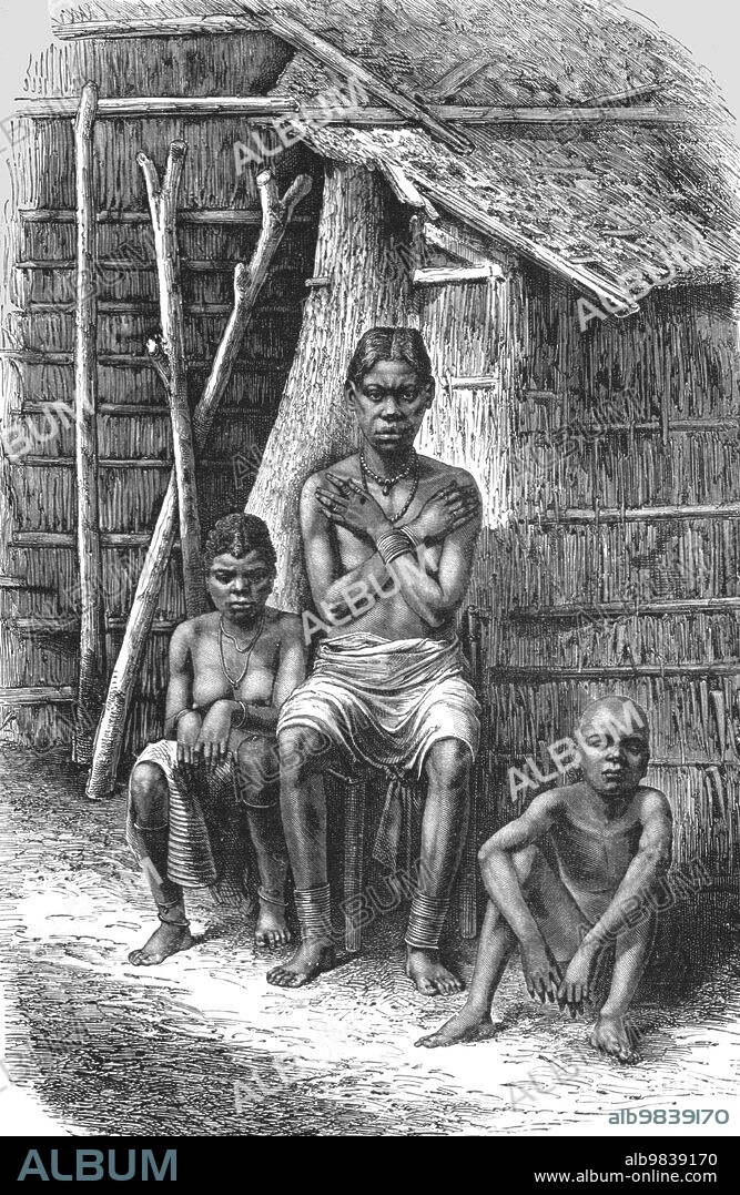 'Bakalai women and children; The Gaboon.', 1875. From, 'Illustrated Travels' by H.W. Bates. [Cassell, Petter, and Galpin, c1880, London].