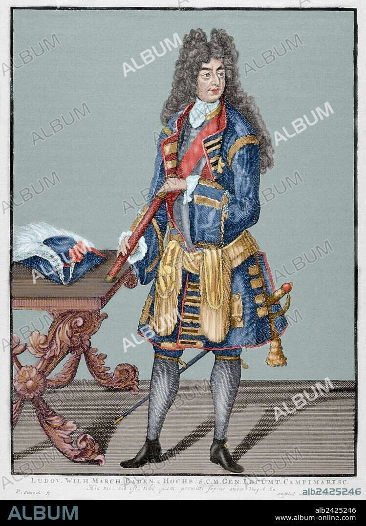 Louis William, Margrave of Baden-Baden (1655-1707). Reduced facsimile after the engraving of Peter Schenk (1645-1715). Universal History, 1881. Colored.