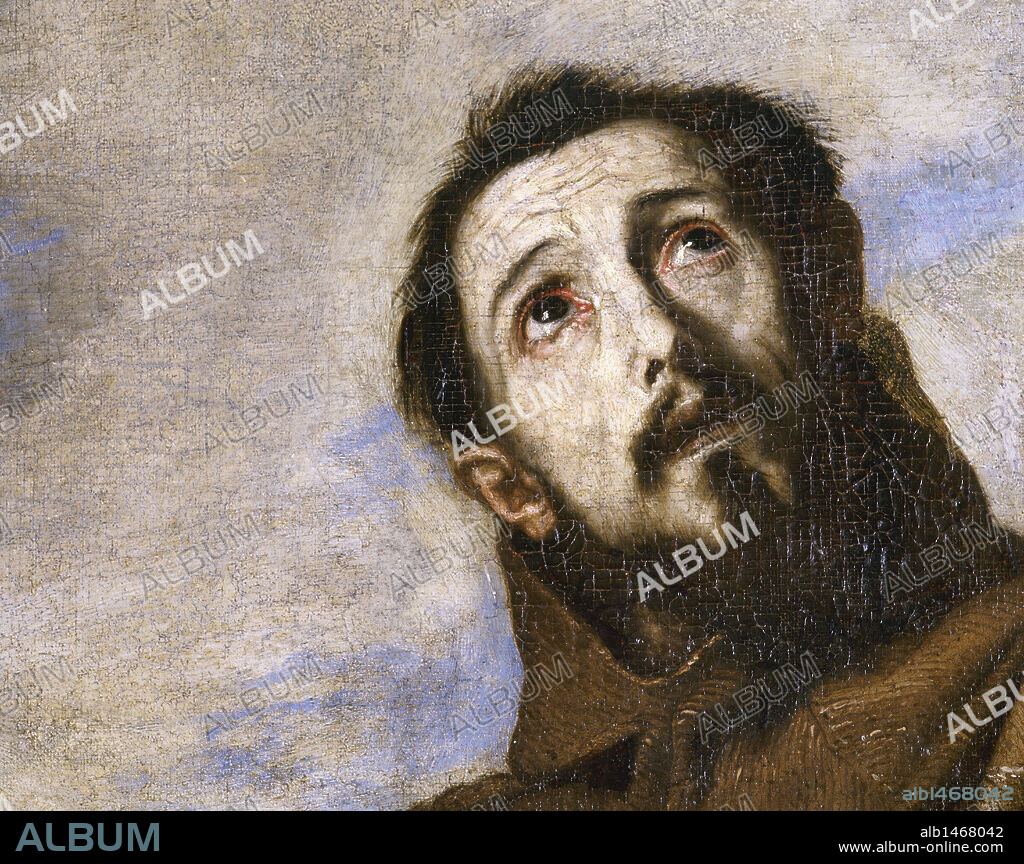 ARTE BARROCO. ESPAÑA. RIBERA, José de (Játiva,1591-Nápoles,1652). Pintor español llamado en Italia "IL SPAGNOLETTO". "SAN FRANCISCO DE ASIS RECIBIENDO LOS ESTIGMAS". Detalle del ROSTRO. Monasterio de San Lorenzo de El Escorial. Comunidad de Madrid. PATRIMONIO NACIONAL.