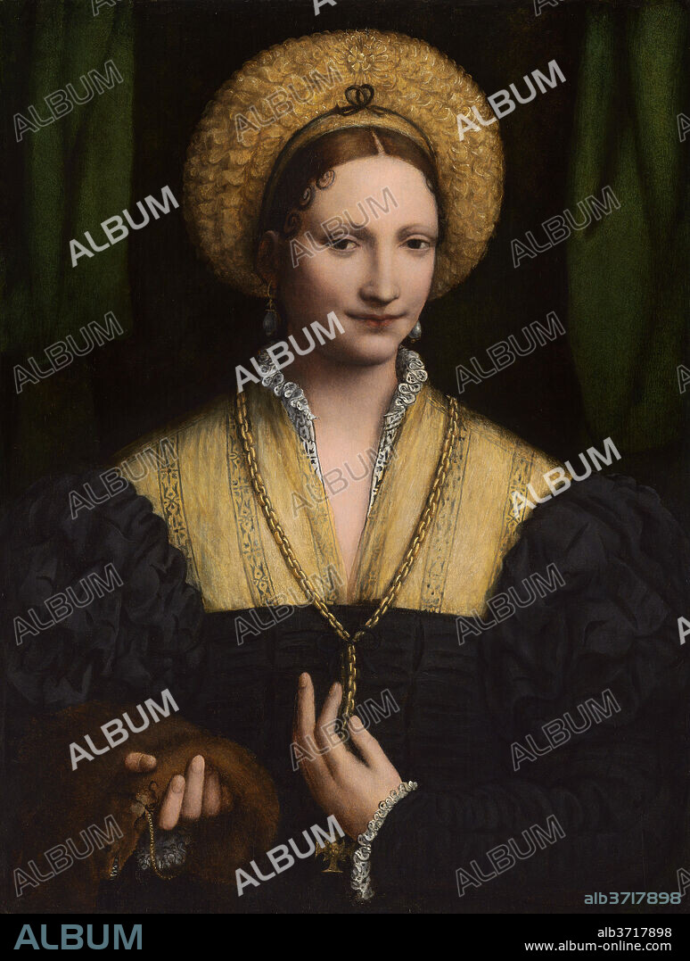 BERNARDINO LUINI. Portrait of a Lady. Dated: 1520/1525. Dimensions: overall: 77 x 57.5 cm (30 5/16 x 22 5/8 in.)  framed: 119.54 x 103.51 x 10.64 cm (47 1/16 x 40 3/4 x 4 3/16 in.). Medium: oil on panel.