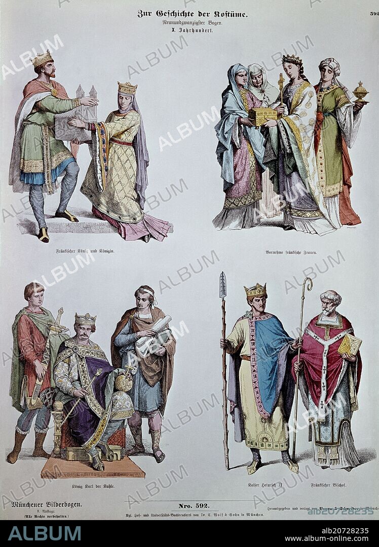 HISTORIA DEL VESTIDO- S XI AL XII- SACRO IMPERIO GERMANICO-OTONIANO- GRABADO SIGLO XIX.
