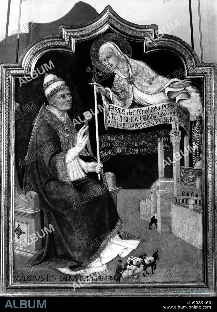 Sano di Pietro's portrait of Pope Calixtus III , as protector of the city of Siena , commissioned by the Sienese in gratitude for the pope's intervention against Jacopo Piccinino whose breach of the Italian League threatened the peace of the peninsula .