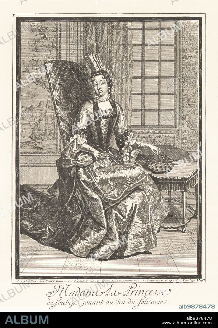 Anne de Rohan-Chabot playing the game of solitaire, 1697. Princess Soubise, 1648-1709, was mistress of King Louis XIV. Madame la Princesse de Soubize, jouant au jeu du Solitaire. Lithograph after an engraving published by Claude Auguste Berey from Henry Rene dAllemagnes Recreations et Passe-Temps, Games and Pastimes, Hachette, Paris, 1906.
