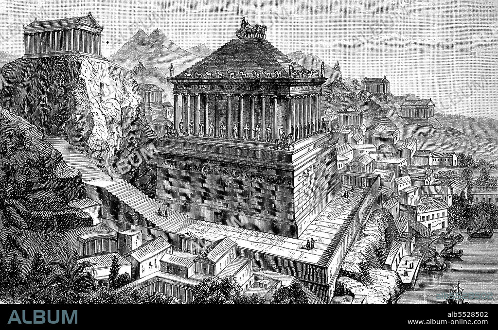 Tomb at Halicarnassus, mausoleum, ancient city in Asia Minor, Bodrum, Turkey, illustration in 1880.