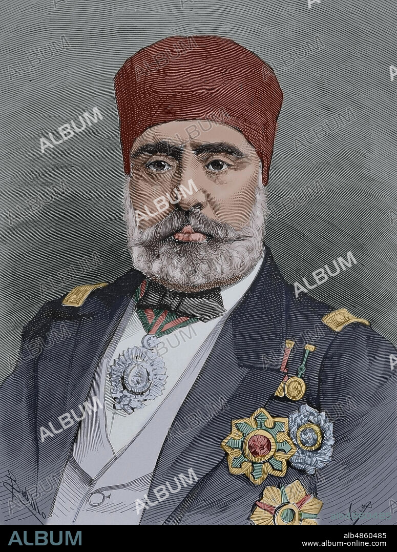 Muhammad III ibn al Husayn (1813-1882) llamado por los franceses Sadok Bey. Bey de Túnez de la dinastía husaynita de Túnez entre 1859 y 1882. Retrato. Dibujo por Badillo, grabado por Vela. La Ilustración Española y Americana,30 de abril de 1881. Coloreado.