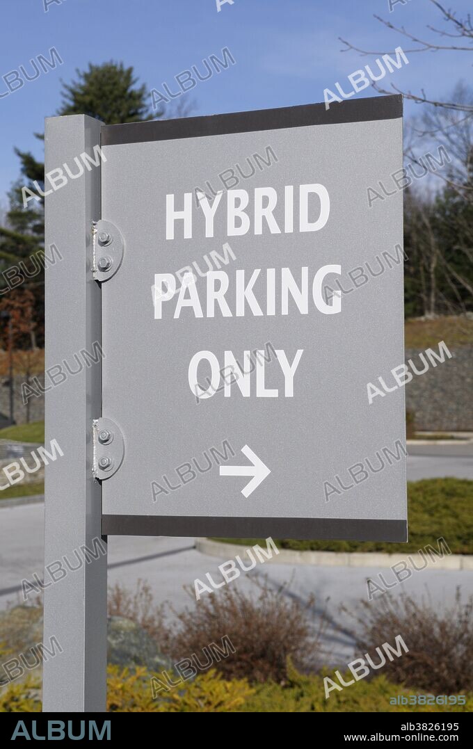 Sign indicating that preferred parking is available for hybrid gas-electric cars. At Element Hotel in Lexington, Massachusetts. The hotel chain promotes an eco-friendly image.