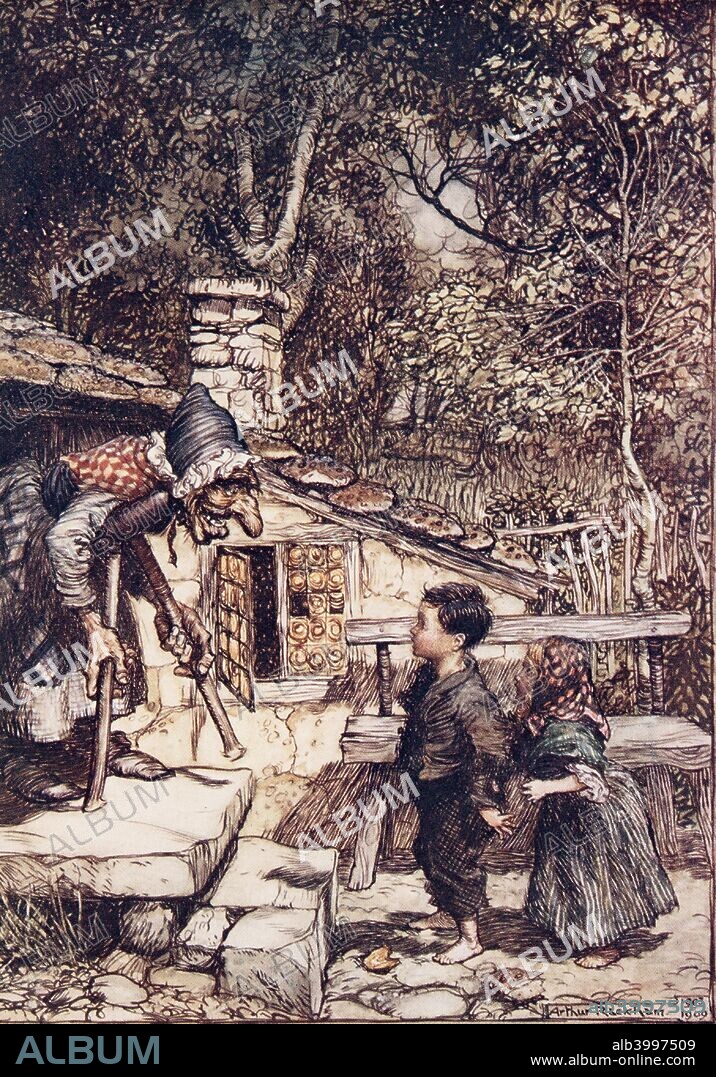 All at once the door opened and an old, old Woman, supporting herself on a crutch came hobbling out ?. Hansel and Gretel from The Fairy Tales of the Brothers Grimm, pub. 1909 (colour lithograph).