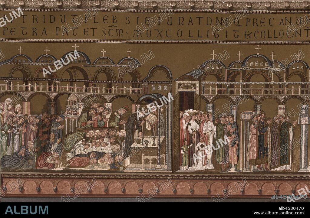 Adoration of the bones of Apostle Mark, Mosaic in St. Mark's Basilica in Venice, Signed: Silvio Risegari dip, Ferd., Ongania edit, Cromo, -, lit, Richter & C, Tav., I, Risegari, Silvio (dip.); Ongania, Ferd. (ed.); Richter & C. (cromo-lit.), 1881, Basilica di San Marco in Venezia - (Saint Marc de Venise): illustrata dei riguardi dell’arte e della storia da scrittori veneziani. Venezia: Ongania, 1881-1888.