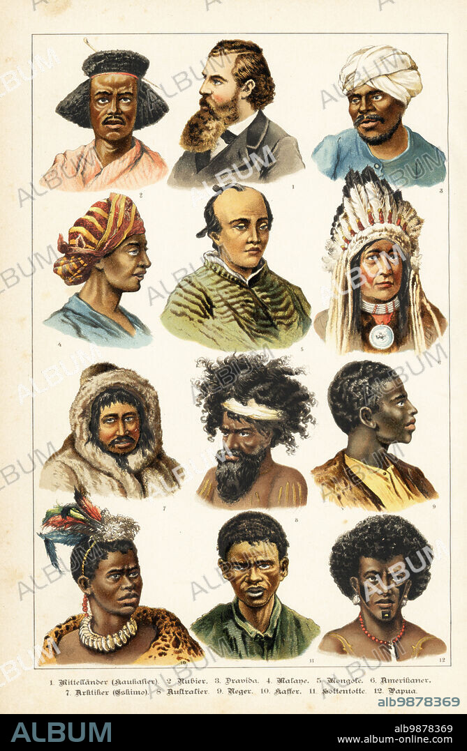 Caucasian 1, Nubian 2, Dravidian in turban 3, Malay 4, Mongol with chonmage 5, Native American with feather headdress 6, Inuit 7, Australian aborigine 8, African 9, Bantu 10, Khoisan 11, and Papuan with facial tattoos 12. Chromolithograph from Gotthilf Heinrich von Schubert's Natural History of Animal Kingdoms for School and Home (Naturgeschichte des Tierreichs fur Schule und Haus), Schreiber, Munich, 1886.