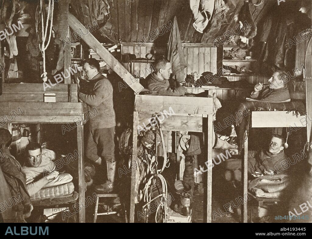 'The Tenements (Cherry-Garrard, Bowers, Oates, Meares, Atkinson)', 9 October 1911, (1913). Bunks in the hut of Assistant zoologist Apsley Cherry-Garrard, Lieutenant Henry Robertson Bowers, Captain Lawrence Oates, Cecil H Meares, medical officer Edward L Atkinson. The final expedition of British Antarctic explorer Captain Robert Falcon Scott (1868-1912) left London on 1 June 1910 bound for the South Pole. The Terra Nova Expedition, officially the British Antarctic Expedition (1910-1913), included a geologist, a zoologist, a surgeon, a photographer, an engineer, a ski expert, a meteorologist and a physicist among others. Scott wished to continue the scientific work that he had begun when leading the Discovery Expedition to the Antarctic in 1901-04. He also wanted to be the first to reach the geographic South Pole. Scott, accompanied by Dr Edward Wilson, Captain Lawrence Oates, Lieutenant Henry Bowers and Petty Officer Edgar Evans, reached the Pole on 17 January 1912, only to find that the Norwegian expedition under Amundsen had beaten them to their objective by a month. Delayed by blizzards, and running out of supplies, Scott and the remainder of his team died at the end of March. Their bodies and diaries were found eight months later. From Scott's Last Expedition, Volume I. [Smith, Elder & Co., London, 1913].