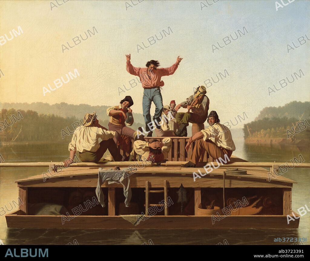 GEORGE CALEB BINGHAM. The Jolly Flatboatmen. Dated: 1846. Dimensions: overall: 96.8 x 123.2 cm (38 1/8 x 48 1/2 in.)  framed: 116.8 x 143.8 x 10.5 cm (46 x 56 5/8 x 4 1/8 in.). Medium: oil on canvas.
