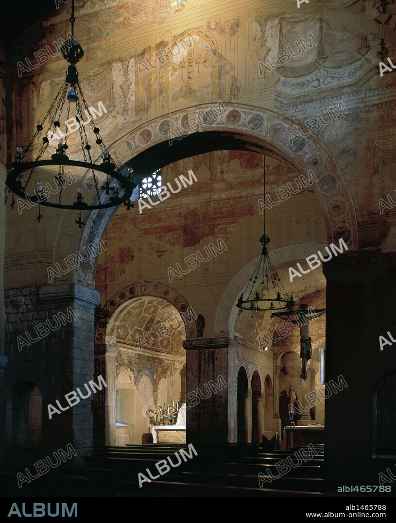 Pre-Romanesque Art. 9th century. San Julian de los Prados or Santullano. Basilica built between 812 and 824, under the reign of Alfonso II. Interior with frescoes.i Oviedo. Asturias. Spain.