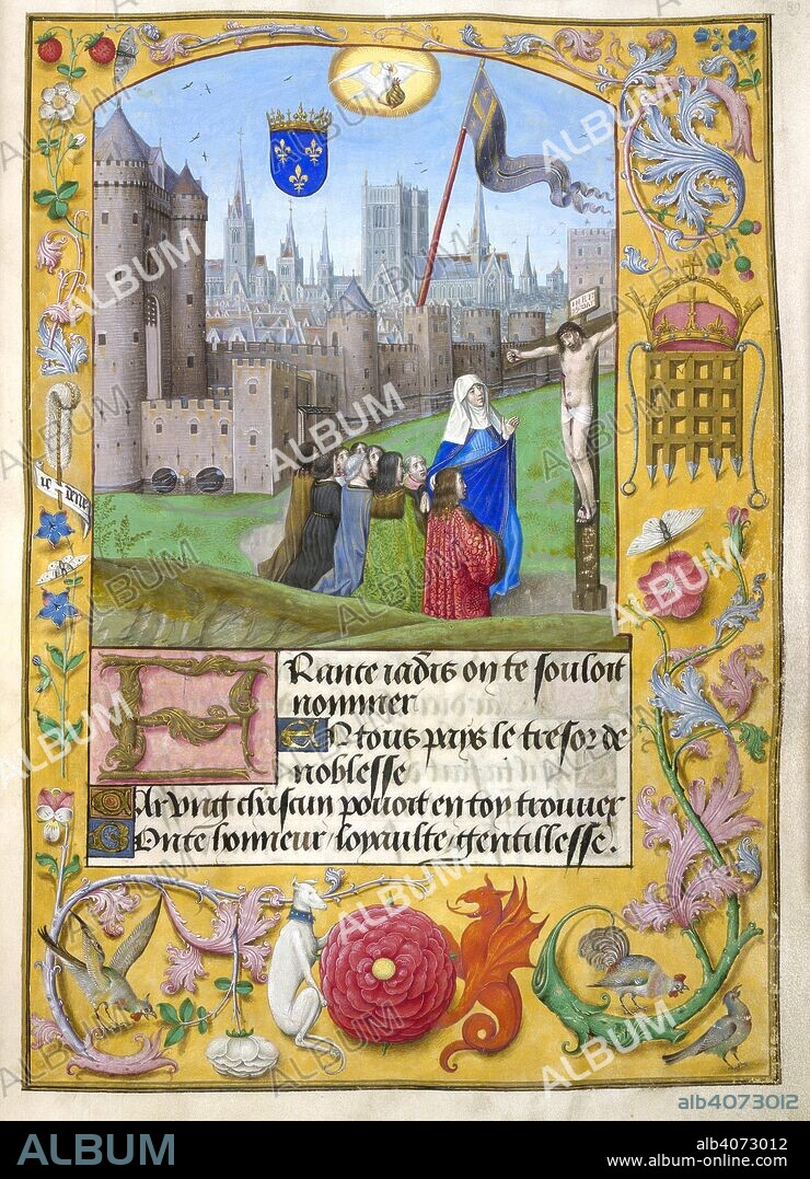 DUKE OF ORLEANS CHARLES. Miniature of the Crucifixion with the walled city of Paris in the distance. The Royal arms of France, the Oriflame and a dove of the holy spirit holding an ampoule in the sky, with a full border containing a crowned Beaufort's badge of Portcullis. An ostrich feather with a motto 'Ic dene', and a red rose supported by a white greyhound and a red dragon; and an illuminated initial 'F'(rance). Poems; Art d'amour; Les demands d'amour; Le liver dot grace entire sure le fait du government d'un prince. Netherlands, S. (Bruges); 3rd quarter of the 15th century, before 1483. Source: Royal 16 F. II, f.89. Language: French.