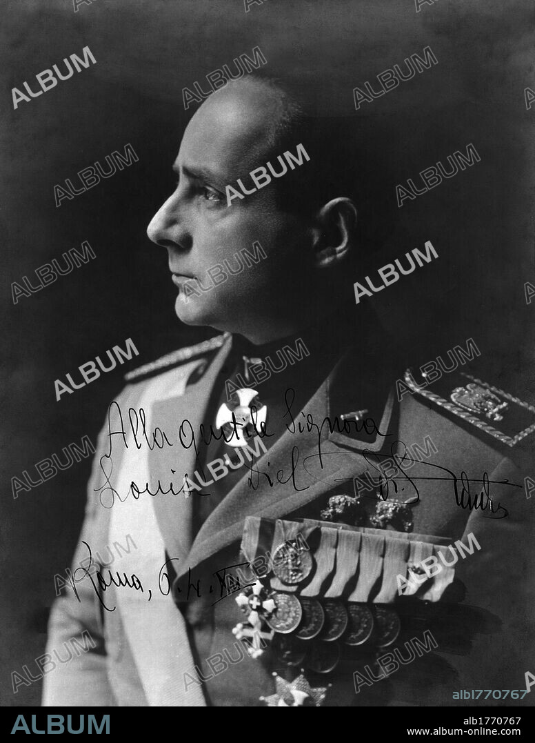 Autographed photo of Achille Starace. Portrait of Achille Starace in uniform with a dedication to Mrs. Louise Diel. Rome, 6th April 1934.