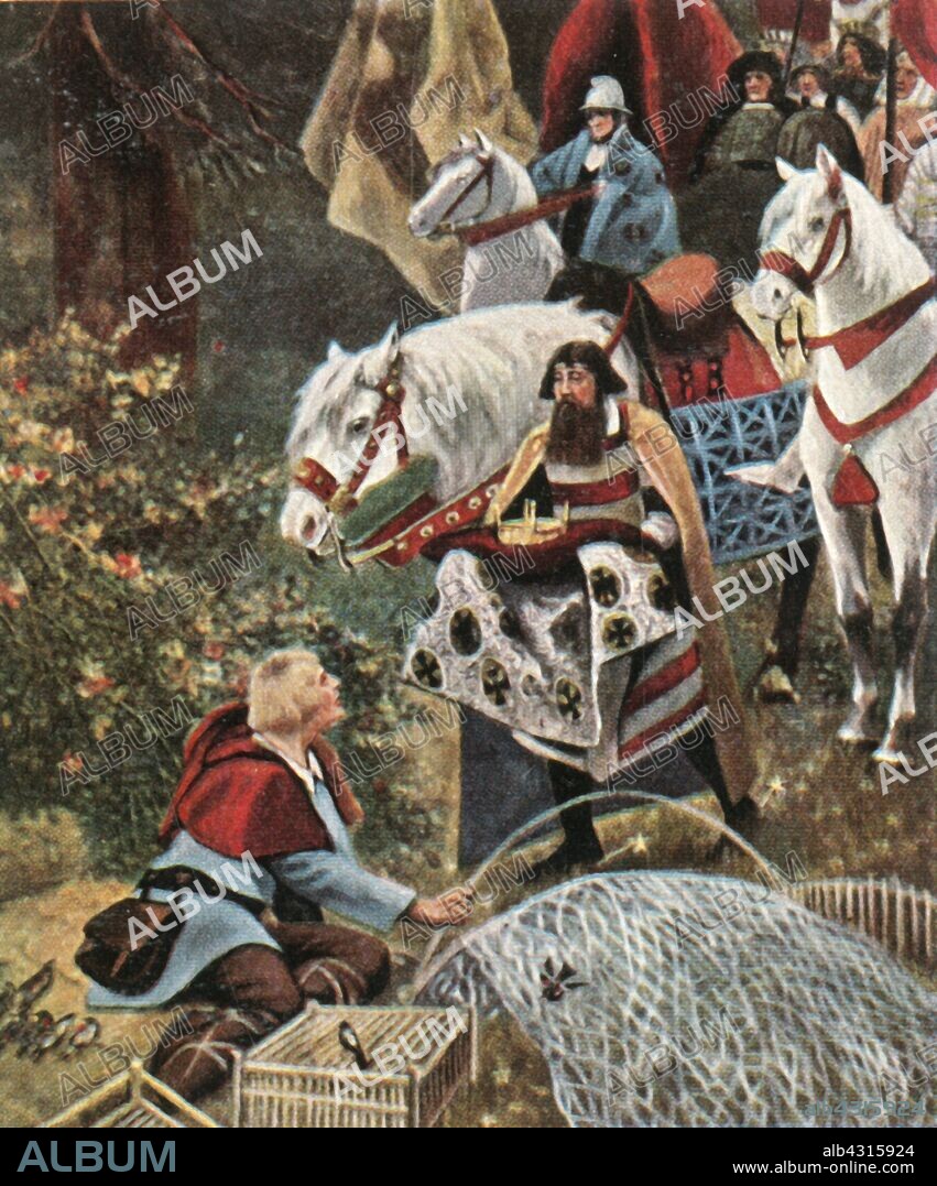 HERMANN VOGEL. Henry the Fowler being offered the crown while trapping birds, (1900), (1936). 'Heinrich Dem Vogler Wird Die Deutsche Königskrone Dargebracht', 919 AD. Henry the Fowler (c876-936 AD), duke of Saxony, was elected and crowned king of East Francia in 919 AD. From "Bilder Deutscher Geschichte", (Pictures of German History), No.12, cigarette card album. [Cigaretten-Bilderdienst, Altona-Bahrenfeld, Hamburg, Germany, 1936].
