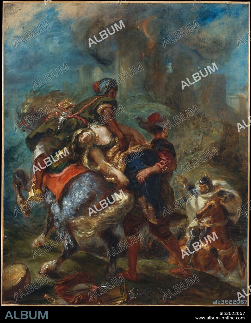 EUGENE DELACROIX. The Abduction of Rebecca. Artist: Eugène Delacroix (French, Charenton-Saint-Maurice 1798-1863 Paris). Dimensions: 39 1/2 x 32 1/4 in. (100.3 x 81.9 cm). Date: 1846.
Throughout his career, Delacroix was inspired by the novels of Sir Walter Scott, a favorite author of the French Romantics. This painting depicts a scene from <i>Ivanhoe</i>: the Jewish heroine Rebecca, who had been confined in the castle of Front de Boeuf (seen in flames), is carried off by two Saracen slaves commanded by the covetous Christian knight Bois-Guilbert. The contorted, interlocking poses and compacted space, which shifts abruptly from the elevated foregound to the fortress behind, create a sense of intense drama. Apart from the still life at lower left, the only element of calm is Rebecca herself.