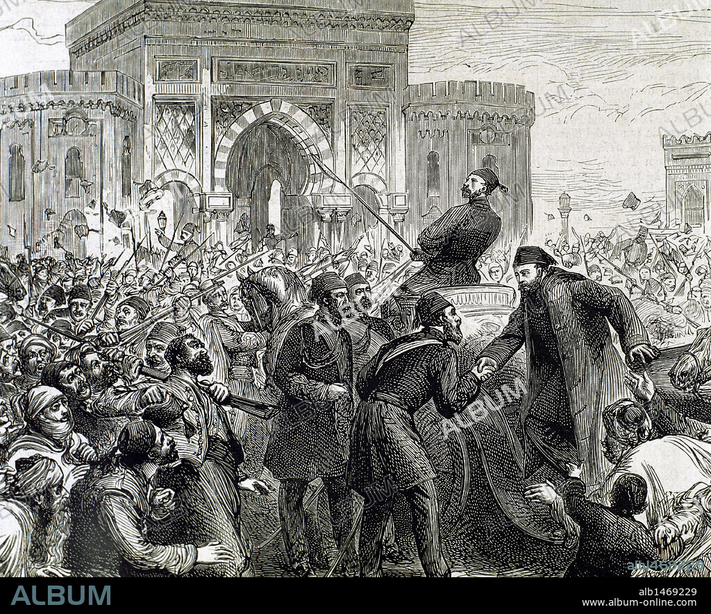 Osman Nuri Pasha, also Gazi Osman Pasha (1832-1900). Ottoman Turkish field marshal and the hero of the Siege of Plevna in 1877. Osman Nuri Pasha is received at entering at the Ministry of War. Constantinople, 1862. Engraving. 19th century.