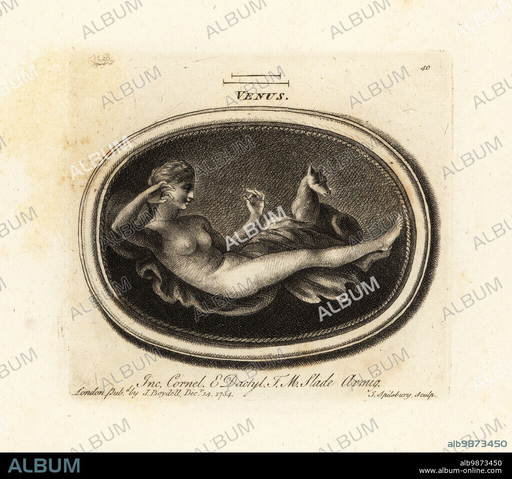 Naked Venus, Roman goddess of love, beauty, desire and sex, lying on a sheet with a dog. Engraved on carnelian and dactylotheca from the collection of art dealer Thomas Moore Slade. Mezzotint copperplate engraving by John Spilsbury from his Collection of Fifty Prints from Antique Gems, John Boydell, London, 1785.