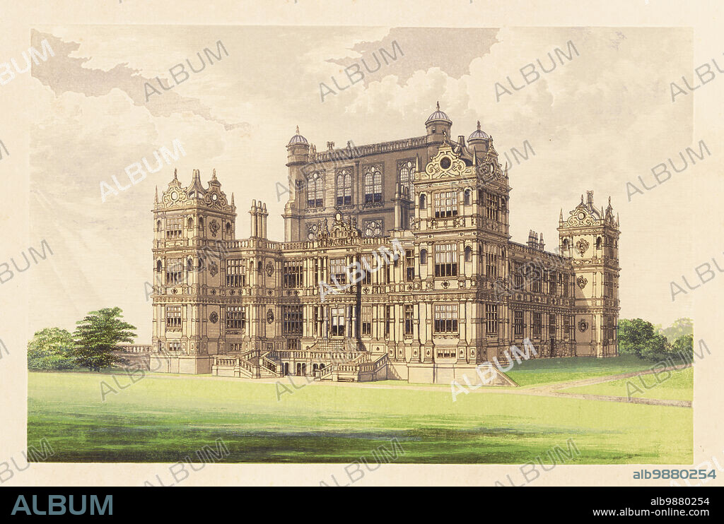 Wollaton Hall, Nottingham, England. Elizabethan house with Jacobean elements built in the 1580s by Robert Smythson for Sir Francis Willoughby. Remodelled in the 17th century by Sir James Thornhilla and Louis Laguerre. Colour woodblock by Benjamin Fawcett in the Baxter process of an illustration by Alexander Francis Lydon from Reverend Francis Orpen Morriss Picturesque Views of the Seats of Noblemen and Gentlemen of Great Britain and Ireland, William Mackenzie, London, 1880.