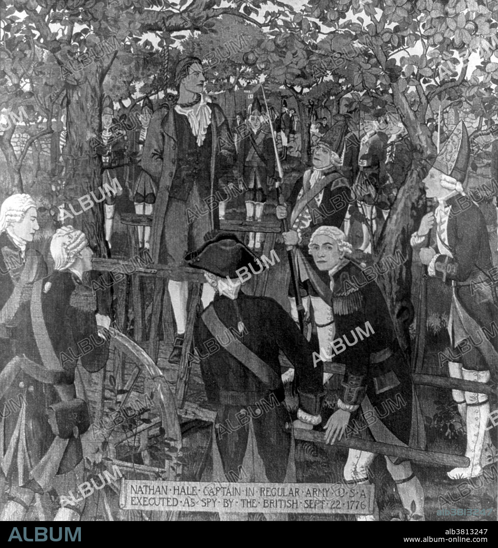 Entitled: "Nathan Hale, Captain in regular army, U.S.A., executed as spy by the British." Nathan Hale (June 6, 1755 - September 22, 1776) was an American soldier and spy for the Continental Army. Hale volunteered to go behind enemy lines and report on British troop movements, an act of espionage that was punishable by death. Major Robert Rogers of the Queen's Rangers saw Hale in a tavern and recognized him despite his disguise. After luring Hale into betraying himself by pretending to be a patriot himself, Rogers and his Rangers apprehended Hale. General William Howe questioned Hale, physical evidence was found on him and Rogers provided information about the case. On the morning of September 22, 1776, Hale was marched along Post Road to the Park of Artillery, which was next to a public house called the Dove Tavern (66th Street and Third Avenue), and hanged. He was 21 years old. His last words before being hanged were purported to be "I only regret that I have but one life to lose for my country." Reproduction of mural painting by Albert Herter, 1913.