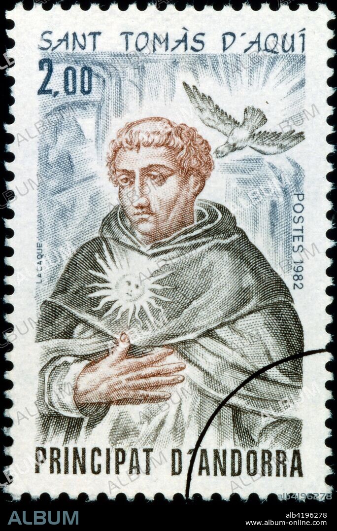 Andoran postage stamp commemorating the 13th century, Saint Thomas Aquinas, an Italian Dominican friar, Catholic priest, and Doctor of the Church. 1982.