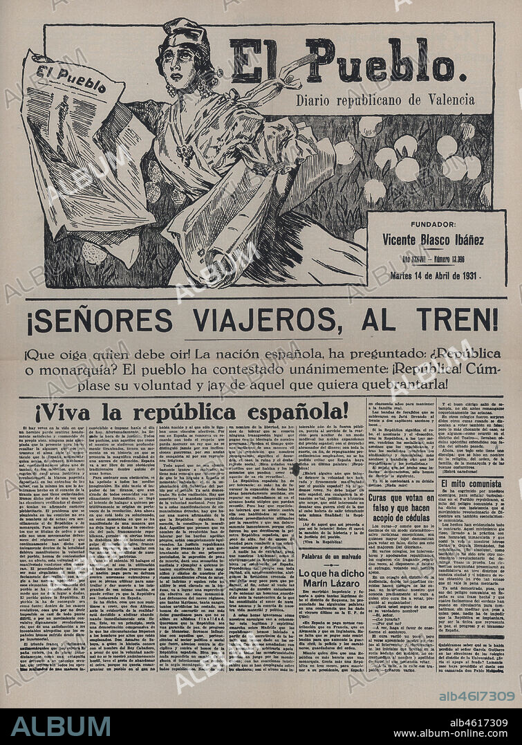 Portada del diario republicano El Pueblo, fundado por Vicente Blasco Ibáñez. Valencia, 14 de abril de 1931.