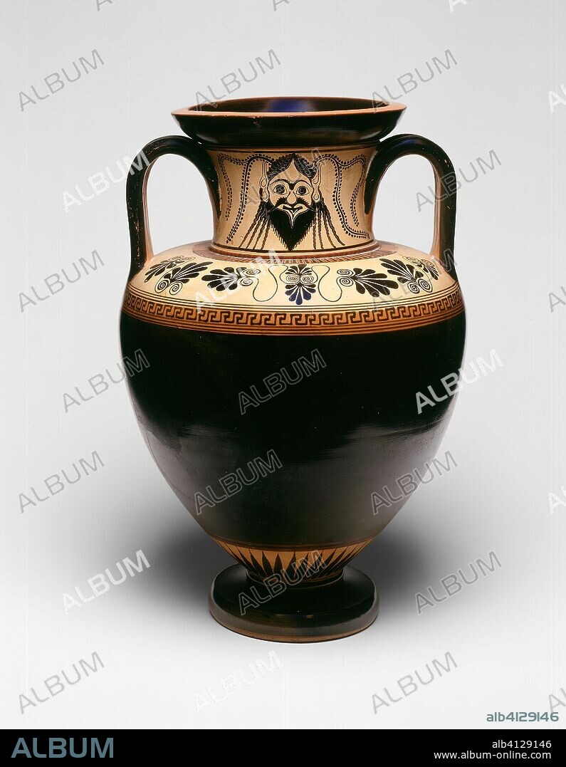 ANCIENT GREEK. Amphora (Storage Jar). Greek; Athens; Close to the style of the Antimenes Painter. Date: 530 BC-520 BC. Dimensions: H. 39.4 cm (15 1/8 in.); diam. 27.7 cm (10 7/8 in.). Terra-cotta, black-figure technique on white-ground. Origin: Athens.