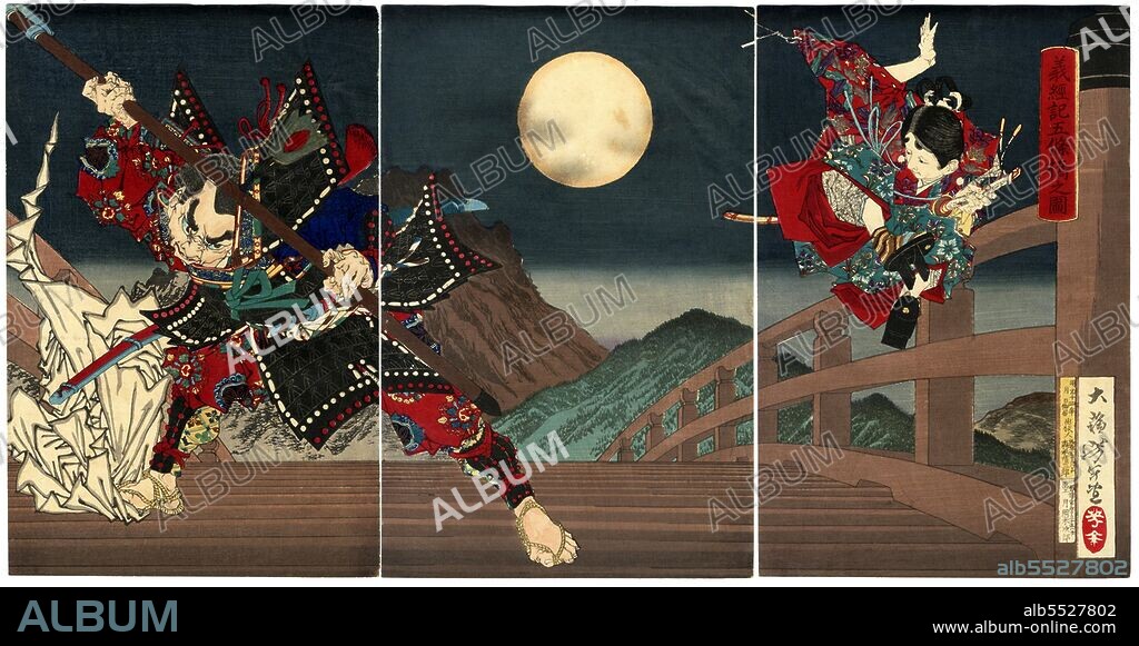 This triptych illustrates an episode from the life of the popular hero Yoshitsune (1159-89), who was also known as Ushiwaka-maru (young ox). On one of his nightly outings from the temple, 12-year-old Yoshitsune encountered Benkei on the Gojo Bridge in Kyoto. Benkei, a wild giant of a man, had been told by a sword-smith that he could forge a magic sword from the tips and cutting edges of a thousand blades. He obtained the swords by attacking samurai warriors crossing the Gojo Bridge. One night he saw the young Ushiwaka approaching; he was carrying what would be his one-thousandth sword. Benkei attacked him without delay, but the youth was too quick for him and managed to defeat him. Benkei was so impressed that he promised to serve and follow Ushiwaka.