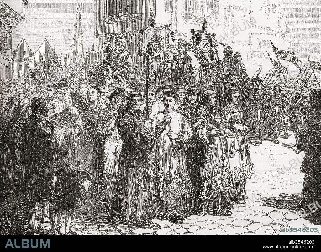 The Pilgrimage of Grace, a popular rising in Yorkshire in 1536 in protest against Henry VIII's break with the Roman Catholic Church, the policies of the King's chief minister, Thomas Cromwell and the Dissolution of the Monasteries. From The Century Edition of Cassell's History of England, published 1901.