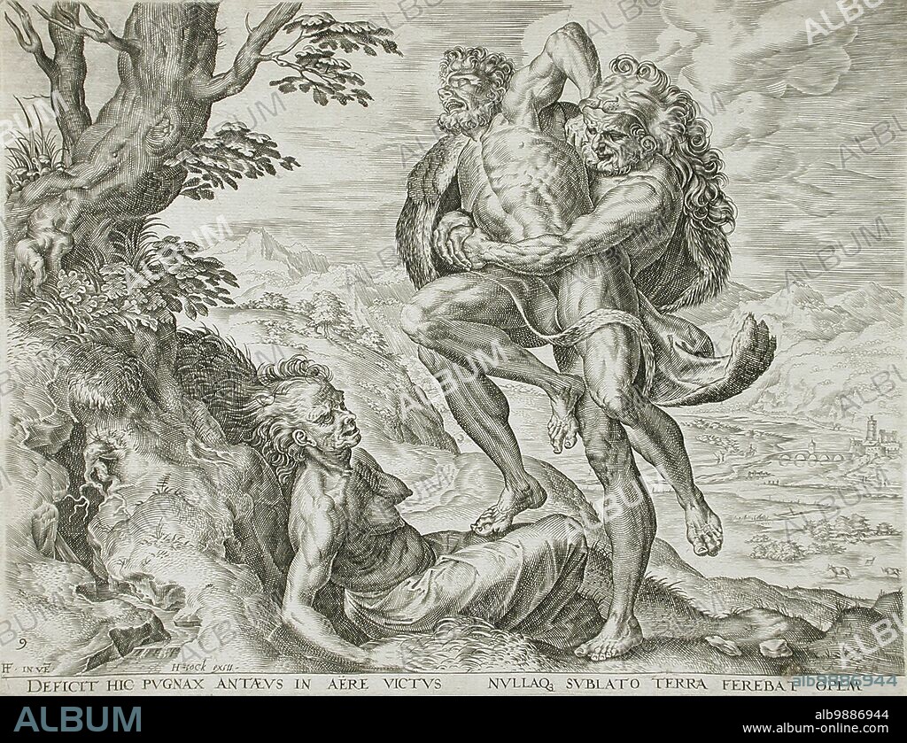 HIERONYMUS COCK and CORNELIS CORT. Hercules defeats Antaeus, 1563. Series: The Labours of Hercules, plate 9.
