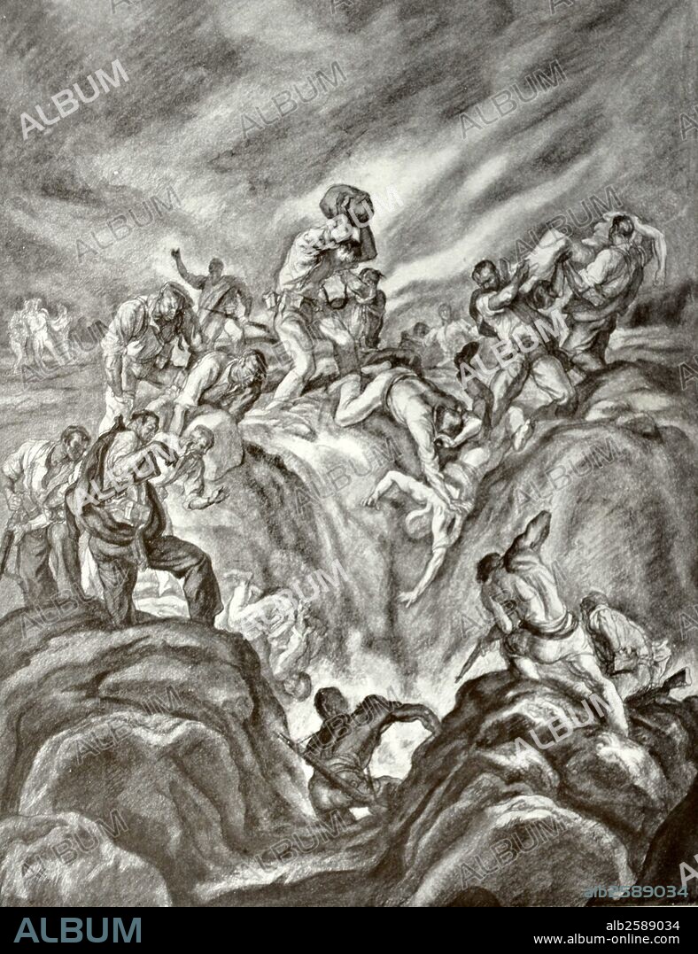 Atrocities carried out by republicans during the Spanish Civil war. Propaganda illustration by Carlos Sáenz de Tejada.