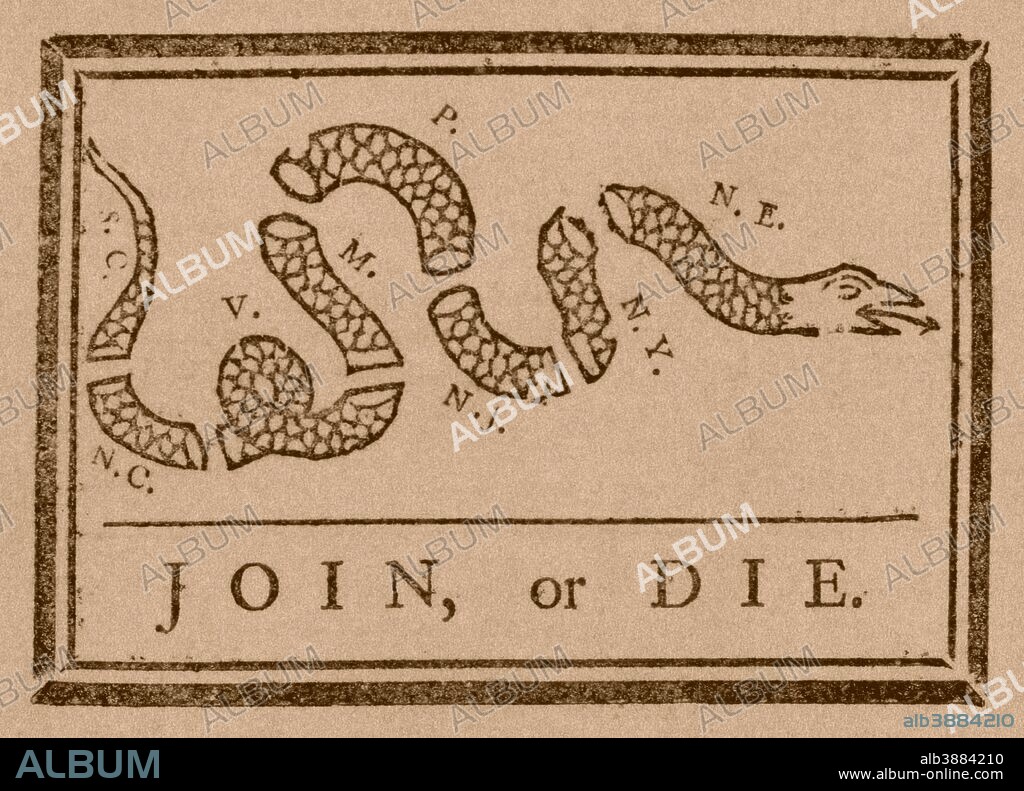 The Join or Die print was a political cartoon created by Benjamin Franklin. The snake shown is separated into segments, just as the original colonies were split. The cartoon was used to unite the colonies to fight against the British.