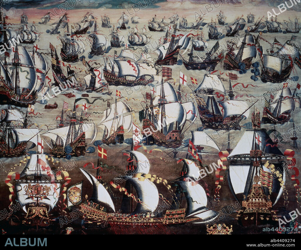 ANÓNIMO. FELIPE II REY DE ESPAÑA 1527-1598 ARMADA INVENCIBLE , AÑO 1588 OLEO ANINIMO , SIGLO XVI , ESCUELA INGLESA.