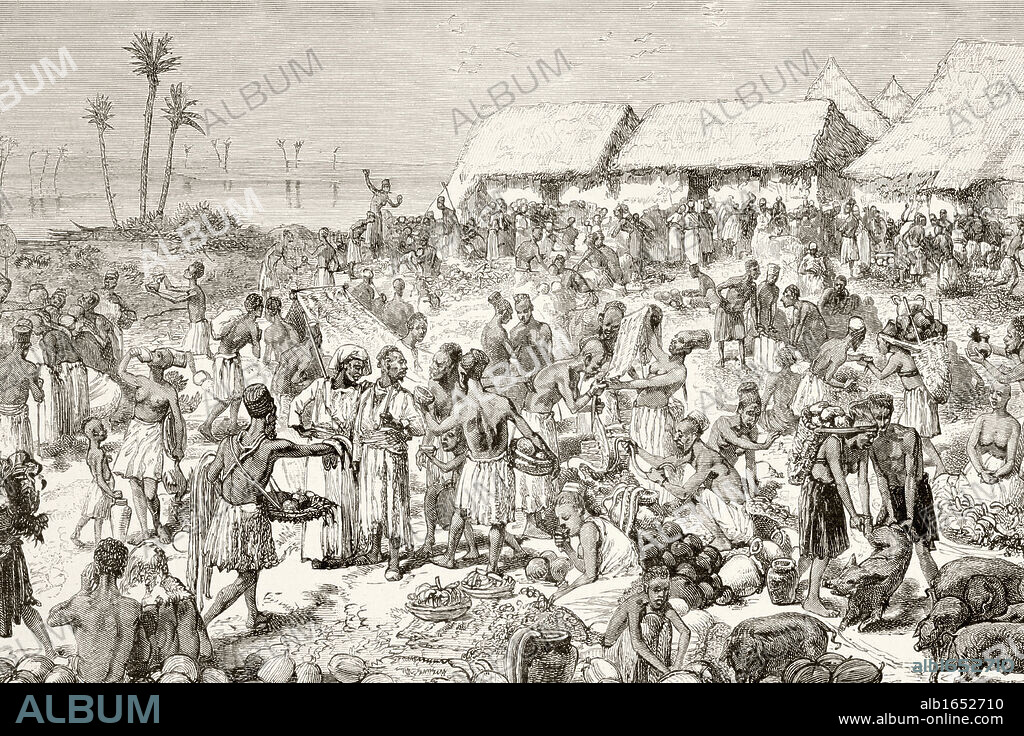 An outdoor village market in Tanganyika, present day Tanzania, in the early 19th century. From a 19th century illustration.