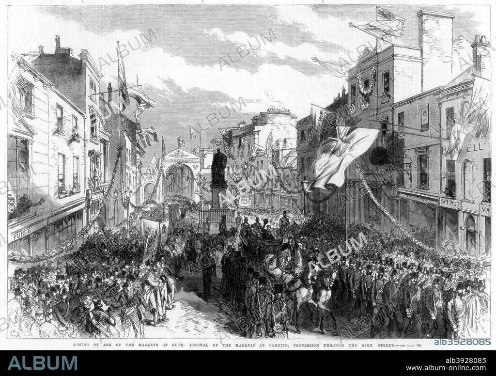Coming of age of the Marquess of Bute, Cardiff, Wales, 1868. The arrival of the Marquess at Cardiff, procession through the High Street. John Crichton-Stuart, 3rd Marquess of Bute (1847-1900) acceded to the Marquessate in 1848 when only six months old. His father, the 2nd Marquess, was an industrialist who developed the port of Cardiff to ship the mineral wealth of South Wales. A print from The Illustrated London News, 26 September 1869.