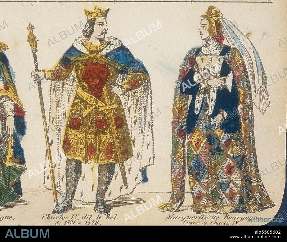 Charles IV le Bel, roi de France. (1322-28); 1294-1328. - " Charles IV le Bel, de 1321 à 1328."/. "Marguerite de Bourgogne (sic!) , femme de Charles IV, en réalité Blanche de Bourgogne." - Gravure sur bois, coloriée, vers 1850. Livre d'images (Gangel), détail. Coll. part., France.