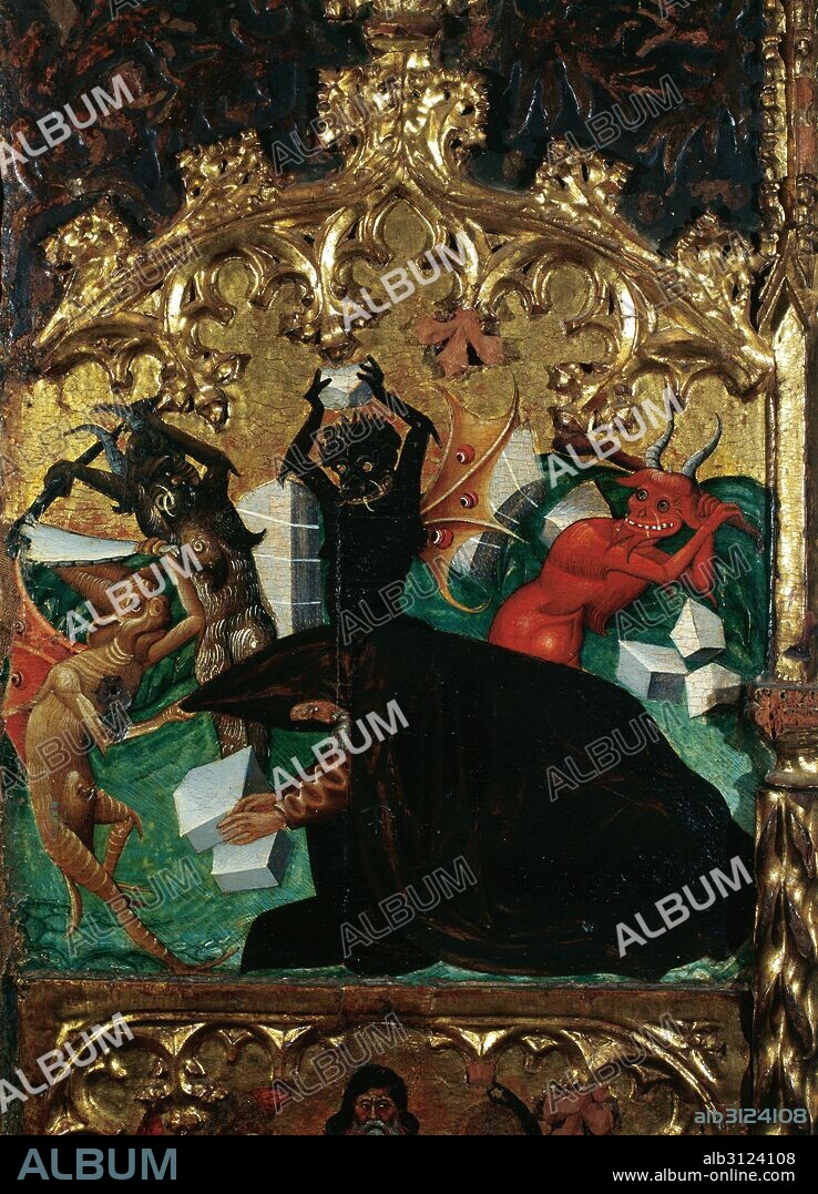 FERRER I, Jaume (n. Lleida, activo hasta mediados del siglo XV). Pintor catalán, miembro de una familia de pintores leridanos. RETABLO incompleto dedicado a SAN ANTONIO ABAD Y SAN PABLO ERMITAÑO. Detalle de los DEMONIOS TENTANDO AL SANTO. Pintura al temple sobre madera. Procede de la Iglesia Parroquial de Monzón. Provincia de Huesca. Aragón. España.